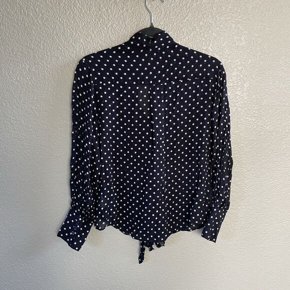 Gerard Darel Blouse 34 US Small Navy White Polka Fit Bow neck tie Button Up - Picture 2 of 13